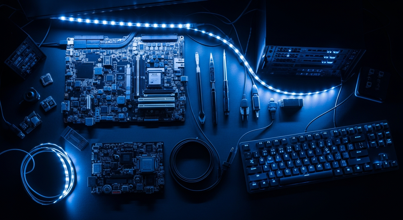 AI_IMAGE: A dark moody overhead shot of a tech workbench at night, featuring a disassembled laptop motherboard, glowing blue LED strips illuminating tools and cables, a mechanical keyboard with blue backlighting, a small server rack with blinking blue indicator lights, and scattered electronic components on a matte black surface. The scene is lit predominantly by cool blue ambient light with deep shadows, creating a premium tech boutique atmosphere. No text or logos visible. | photorealistic | landscape