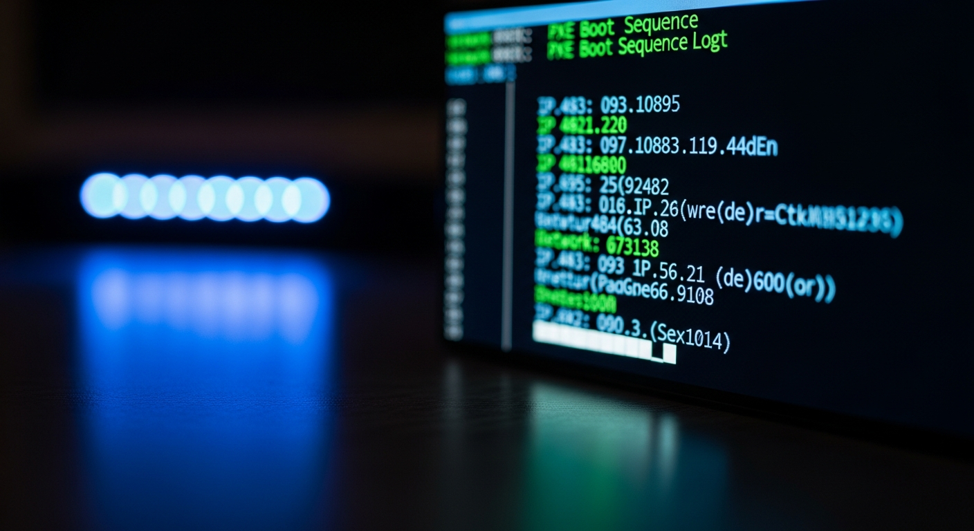 AI_IMAGE: A close-up photograph of a terminal screen displaying green and blue monospaced text showing a PXE boot sequence log with IP address assignments and file transfer progress bars, the screen reflecting faintly on a dark matte desk surface, shallow depth of field with blue LED glow from nearby hardware in the background | photorealistic | landscape