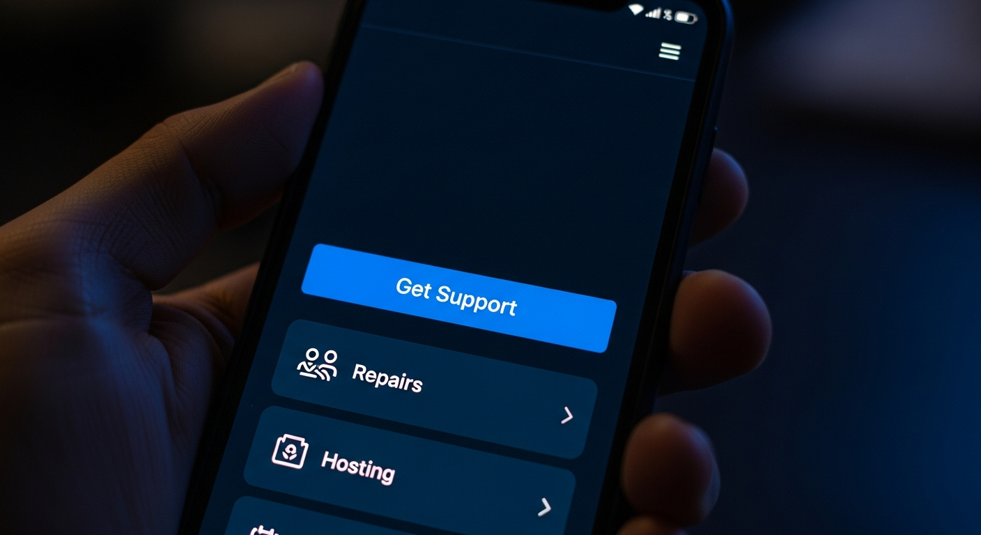 AI_IMAGE: A close-up photograph of a hand holding a smartphone displaying a dark-themed mobile website with a deep navy background, an electric blue call-to-action button reading Get Support, service cards stacked vertically showing icons for repairs and hosting, and a hamburger menu icon in the top corner — the phone screen glows blue in a dimly lit environment | photorealistic | landscape