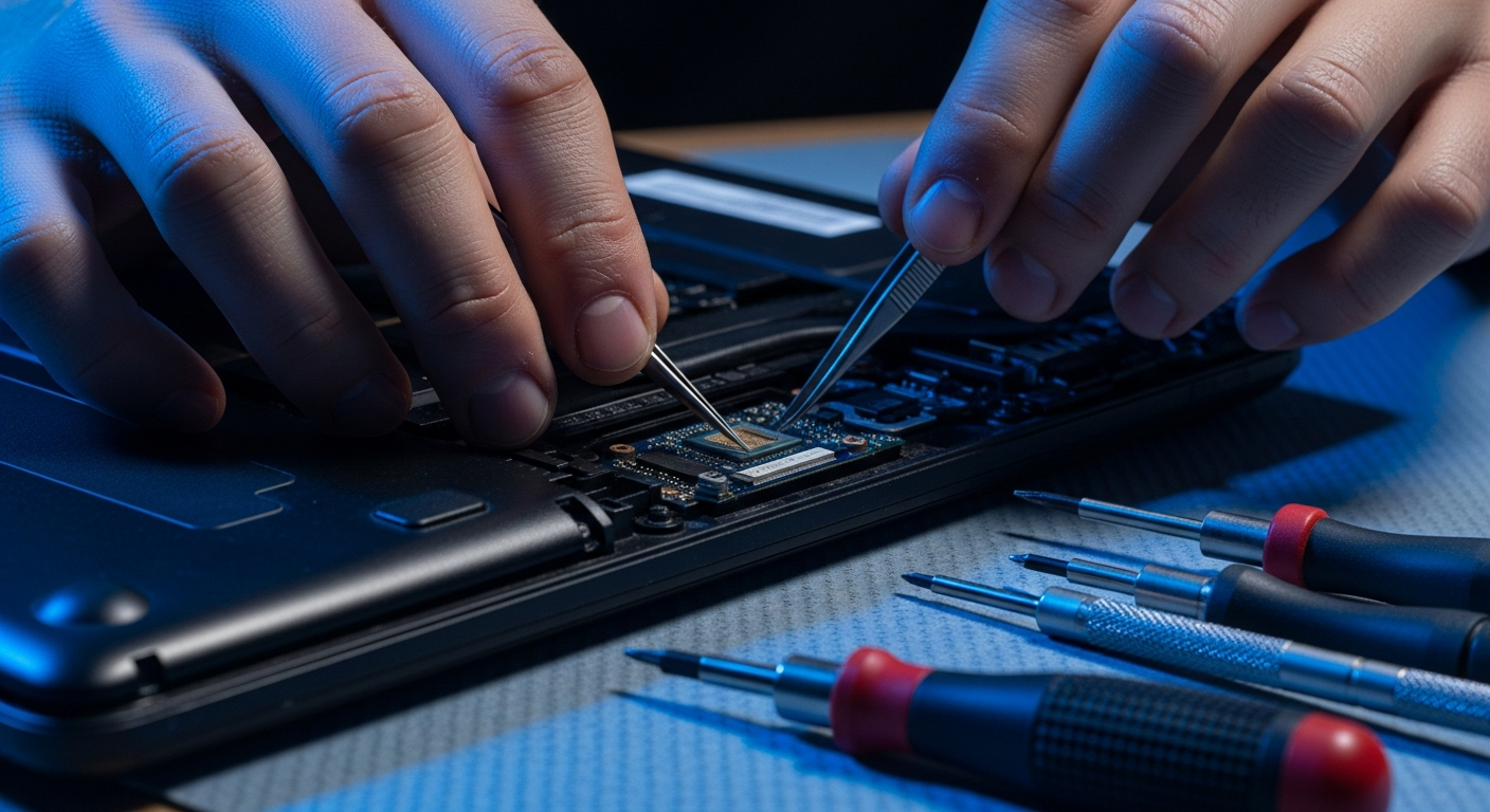 AI_IMAGE: A close-up shot of hands working on an open laptop, replacing a component under cool blue workbench lighting. Tools like precision screwdrivers and an anti-static mat are visible. The scene has a dark moody atmosphere with blue accent lighting, conveying professional repair expertise. No text or logos visible. | photorealistic | landscape