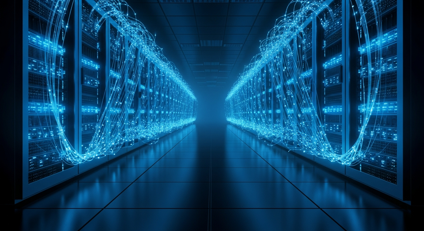 AI_IMAGE: A dark server room with rows of rack-mounted servers, glowing blue LED status lights reflecting off polished black floor. Fiber optic cables glow faintly blue, creating trails of light. The atmosphere is clean, professional, and futuristic with deep shadows and cool blue ambient lighting. No text or logos visible. | photorealistic | landscape