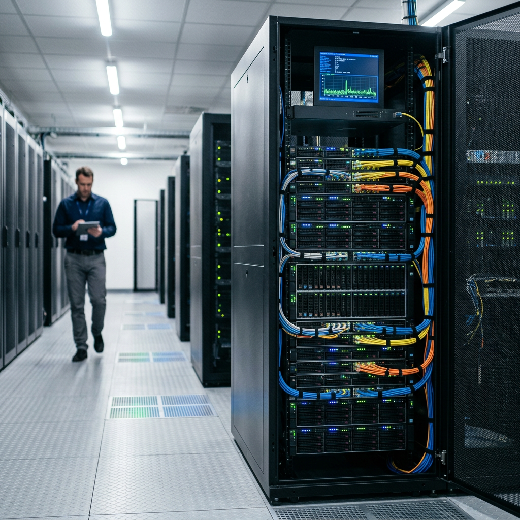 Server rack filled with network switches and organized colorful cables in a data center with a technician in the background